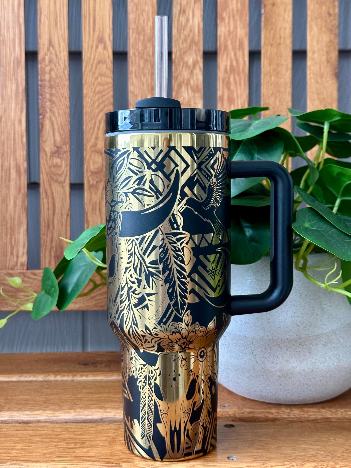 Engraved 40oz Black/ Gold Tumbler: Boho Dream Catcher with Bull Skull