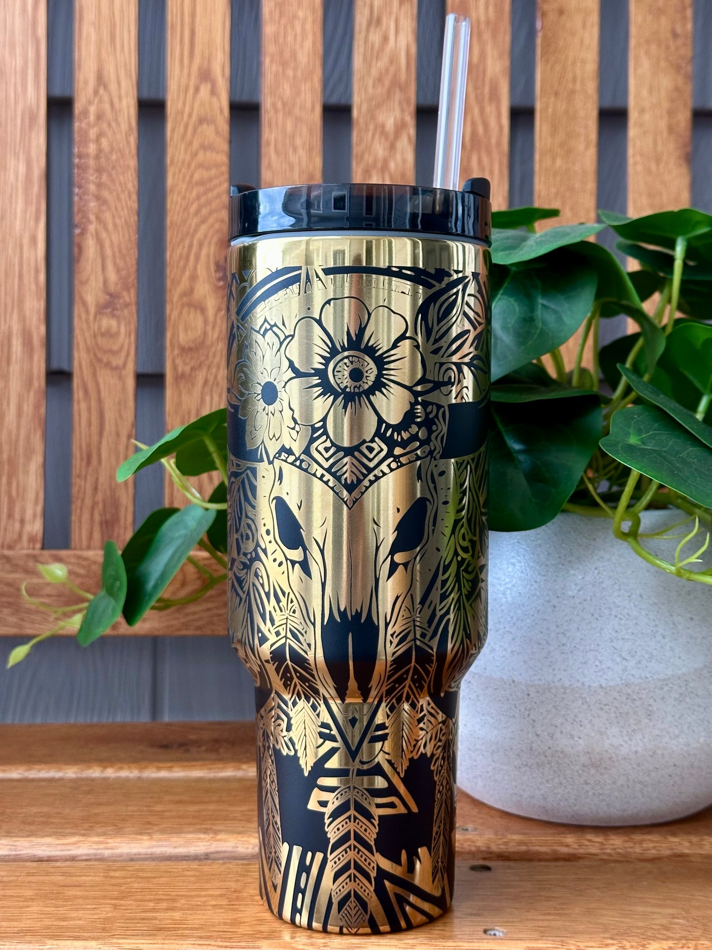 Engraved 40oz Black/ Gold Tumbler: Boho Dream Catcher with Bull Skull
