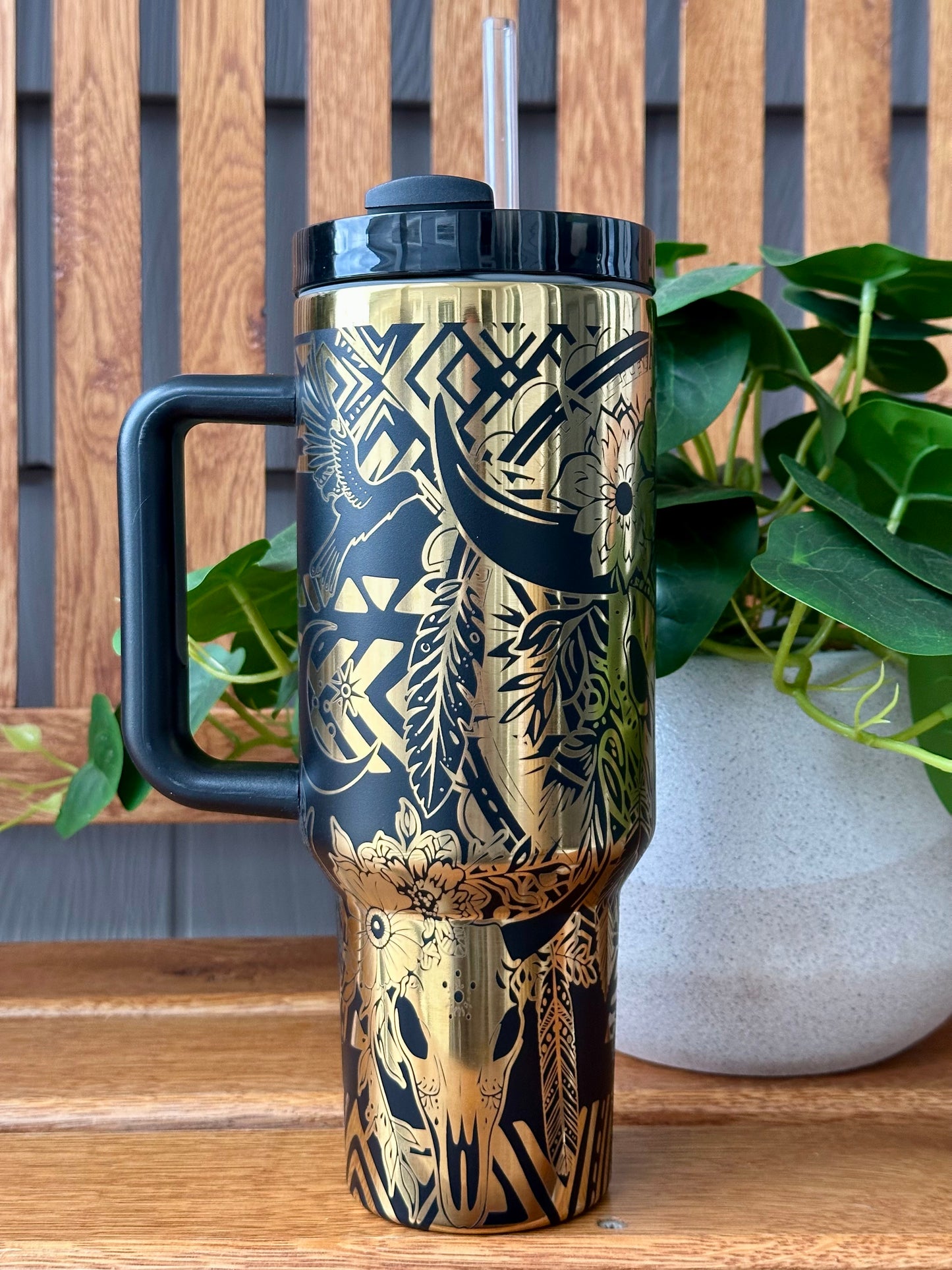Engraved 40oz Black/ Gold Tumbler: Boho Dream Catcher with Bull Skull